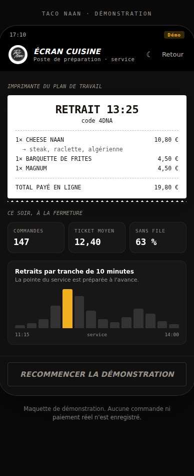 Écran cuisine Taco Naan avec le ticket de préparation